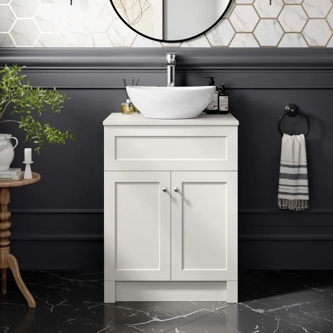 Milos Cotton White Vanity with Oval Basin 600mm - Chrome Handles