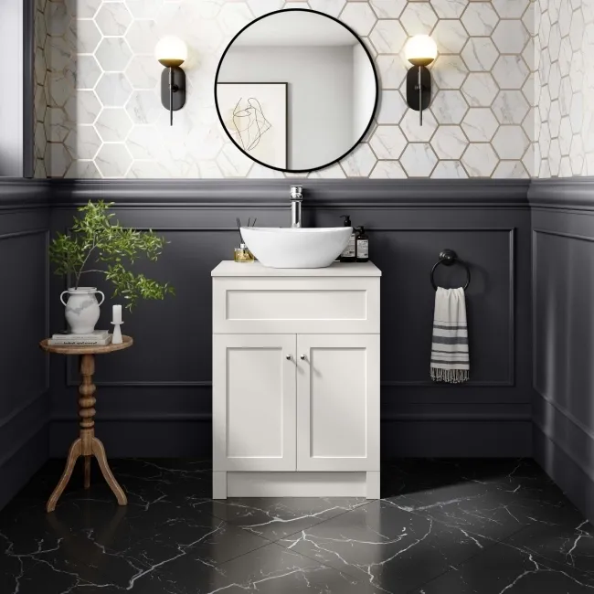 Milos Cotton White Vanity with Oval Basin 600mm - Chrome Handles