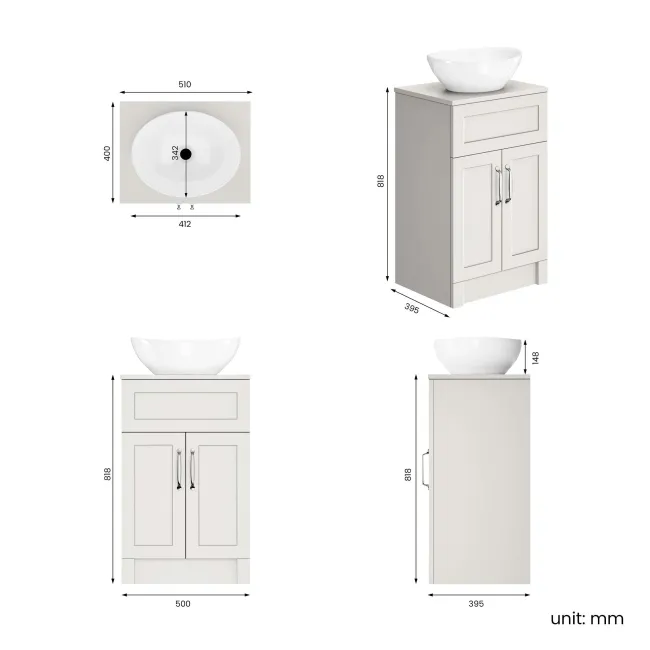 Milos Cotton White Vanity with Oval Basin 500mm - Traditional Handles