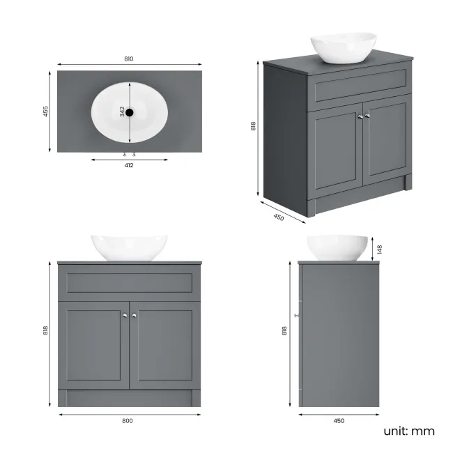 Milos Fog Grey Vanity with Oval Basin 800mm - Chrome Handles