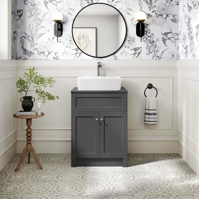 Milos Slate Grey Vanity with Troy Basin 600mm - Chrome Handles