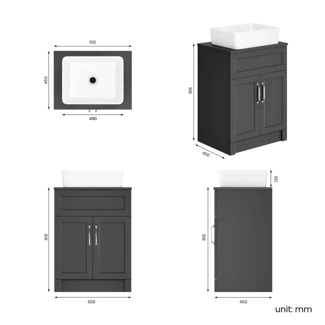 Milos Slate Grey Vanity with Troy Basin 600mm - Traditional Handles
