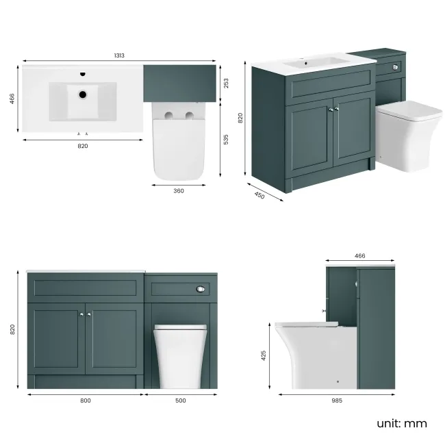 Milos Mystic Green Combination Vanity Basin and Houston Toilet 1300mm - Chrome Handles