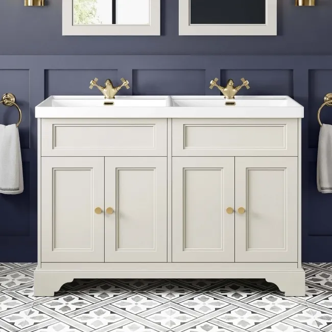 Lucia Chalk White Double Basin Vanity 1200mm - Brushed Brass Accents