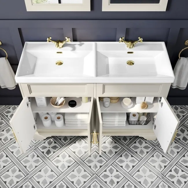 Lucia Chalk White Double Basin Vanity 1200mm - Brass Knurled Handles
