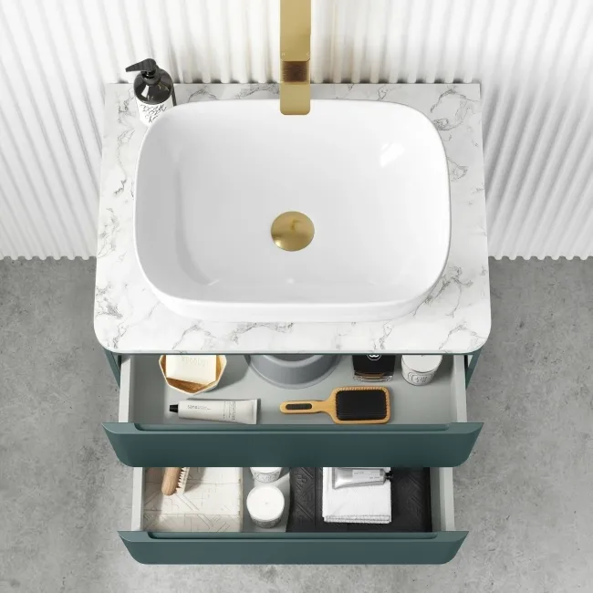 Corsica Midnight Green Wall Hung Drawer Vanity with Marble Top & Curved Counter Top Basin 600mm