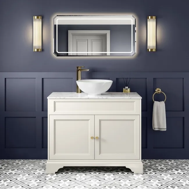 Lucia Chalk White Vanity with Marble Top & Round Counter Top Basin 1030mm - Brushed Brass Accents