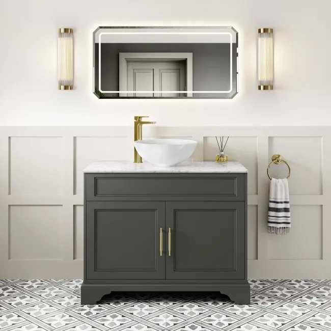 Lucia Graphite Grey Vanity with Marble Top & Round Counter Top Basin 1030mm - Brass Knurled Handles