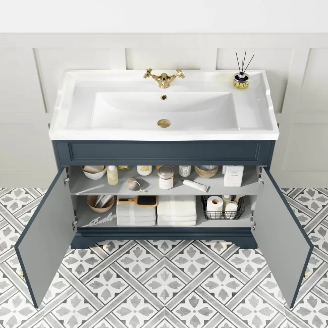 Lucia Inky Blue Basin Vanity 1030mm - Brushed Brass Accents