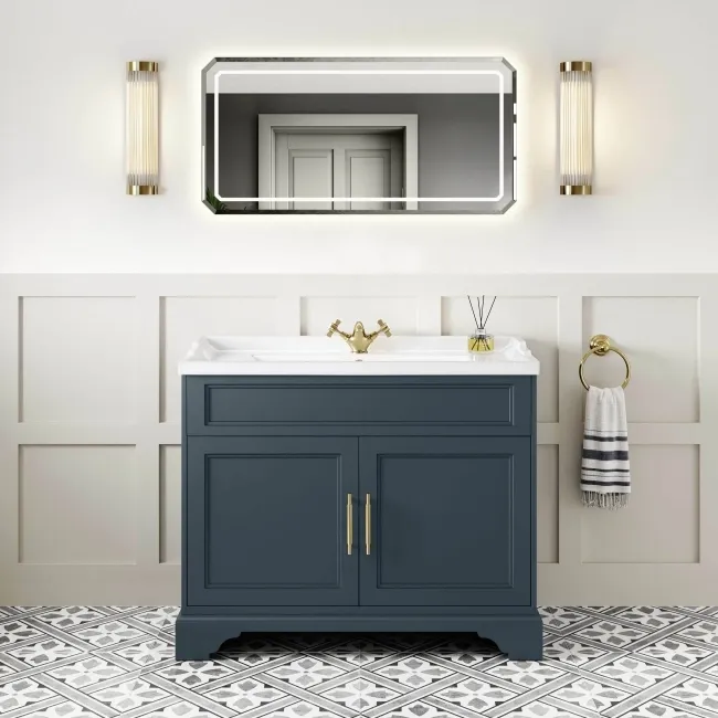 Lucia Inky Blue Basin Vanity 1030mm - Brass Knurled Handles