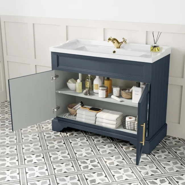 Lucia Inky Blue Basin Vanity 1030mm - Brass Knurled Handles