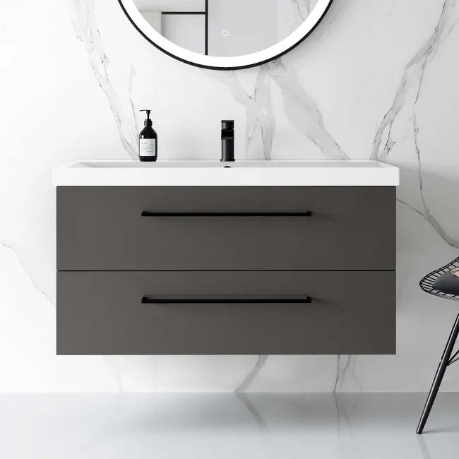 Elba Graphite Grey Wall Hung Basin Drawer Vanity 1000mm - Black Accents