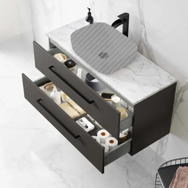 Elba Graphite Grey Wall Hung Drawer Vanity 1000mm Excludes Counter Top Basin - Black Accents