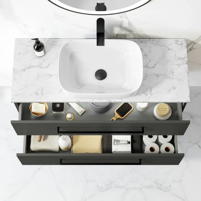 Elba Graphite Grey Wall Hung Drawer Vanity with Marble Top & Curved Counter Top Basin 1000mm - Black Accents