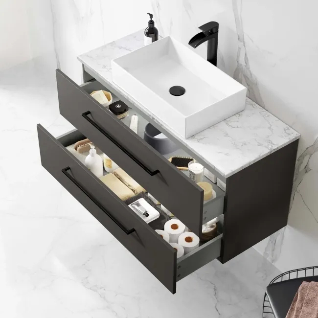 Elba Graphite Grey Wall Hung Drawer Vanity with Marble Top & Cody Basin 1000mm - Black Accents