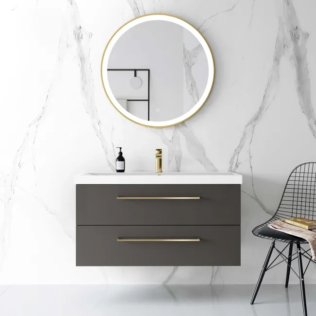 Elba Graphite Grey Wall Hung Basin Drawer Vanity 1000mm - Brushed Brass Accents