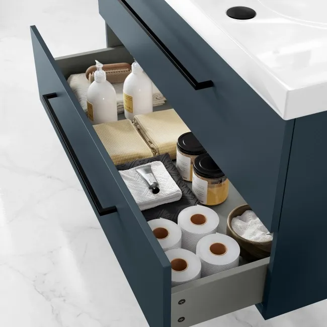 Elba Inky Blue Wall Hung Basin Drawer Vanity 1000mm - Black Accents