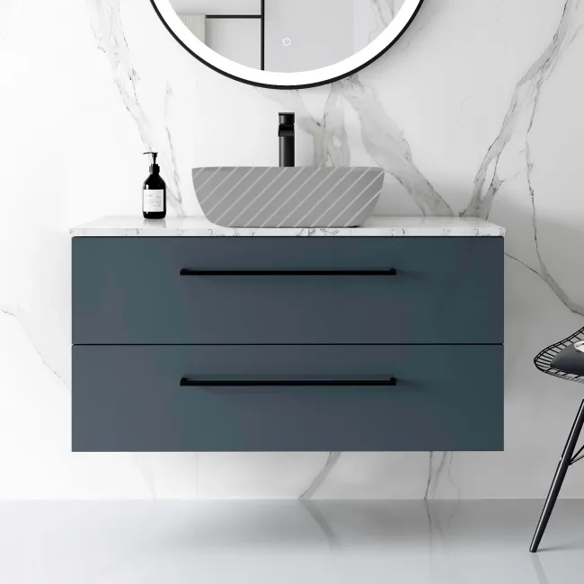 Elba Inky Blue Wall Hung Drawer Vanity 1000mm Excludes Counter Top Basin - Black Accents