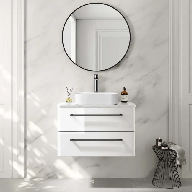 Omaha Gloss White Wall Hung Drawer Vanity with Marble Top & Marin Basin 800mm