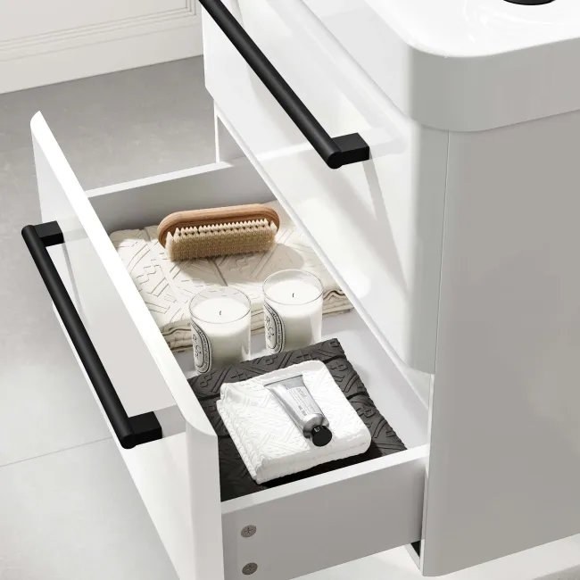 Omaha Gloss White Wall Hung Basin Drawer Vanity 600mm - Black Accents