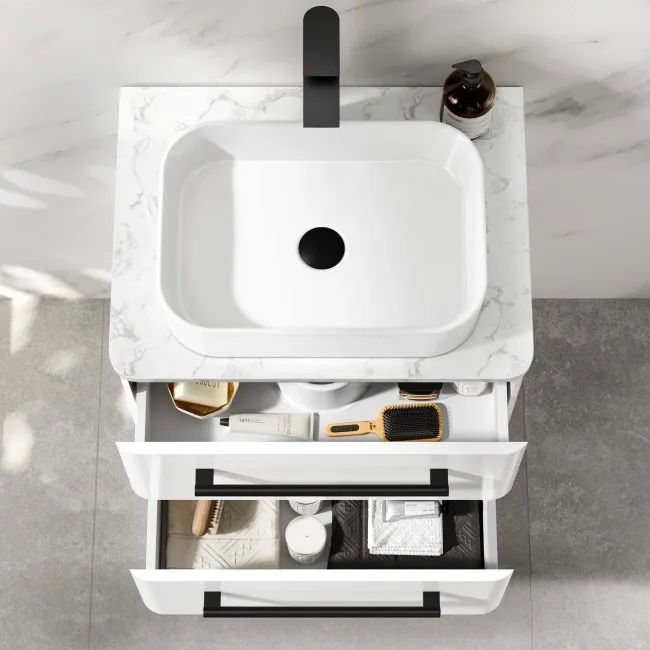 Omaha Gloss White Wall Hung Drawer Vanity with Marble Top & Marin Basin 600mm - Black Accents