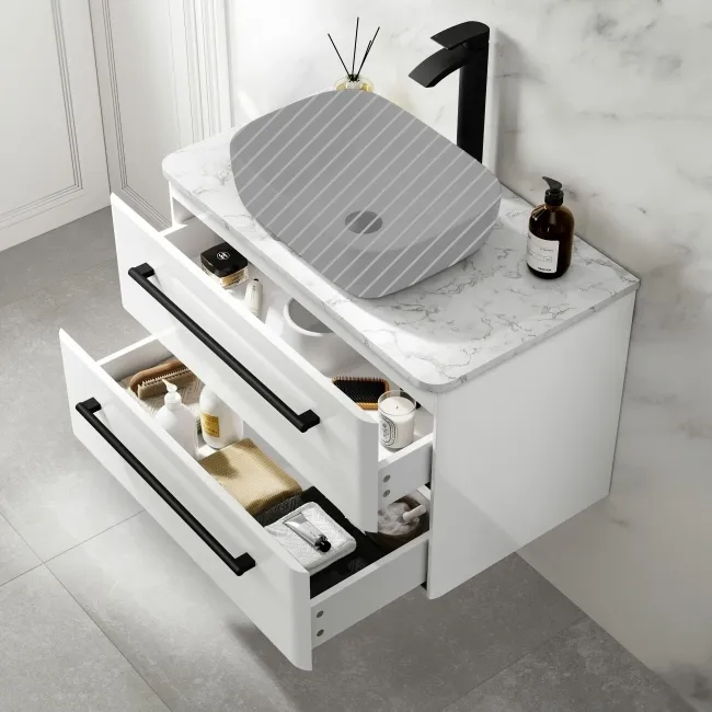 Omaha Gloss White Wall Hung Drawer Vanity with Marble Top 800mm (Excludes Counter Top Basin) - Black Accents