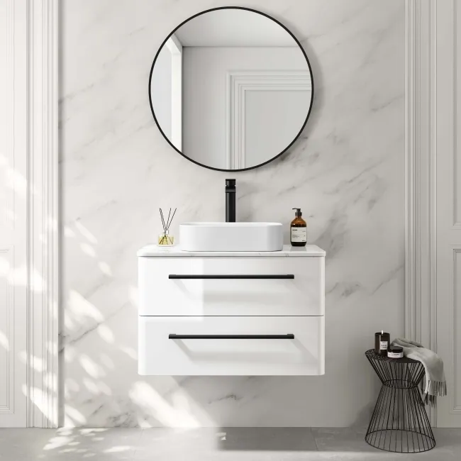 Omaha Gloss White Wall Hung Drawer Vanity with Marble Top & Marin Basin 800mm - Black Accents