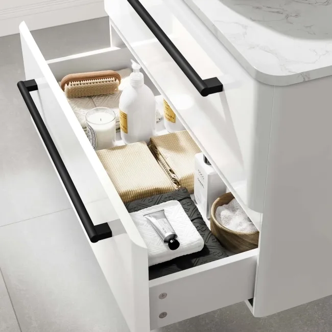 Omaha Gloss White Wall Hung Drawer Vanity with Marble Top & Marin Basin 800mm - Black Accents