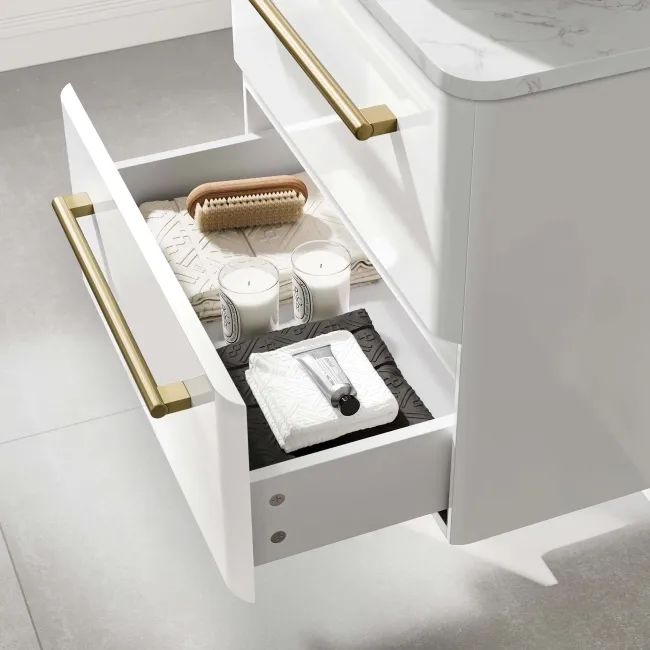 Omaha Gloss White Wall Hung Drawer Vanity with Marble Top 600mm (Excludes Counter Top Basin) - Brushed Brass Accents