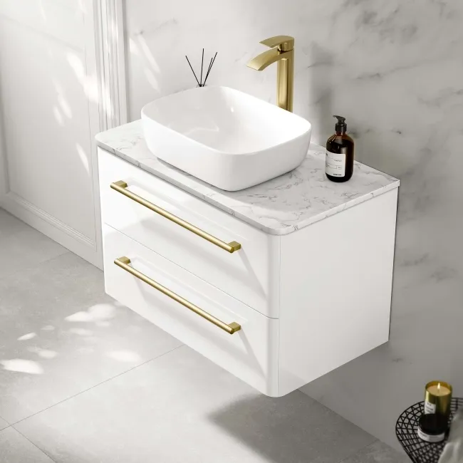 Omaha Gloss White Wall Hung Drawer Vanity with Marble Top & Curved Counter Top Basin 800mm - Brushed Brass Accents