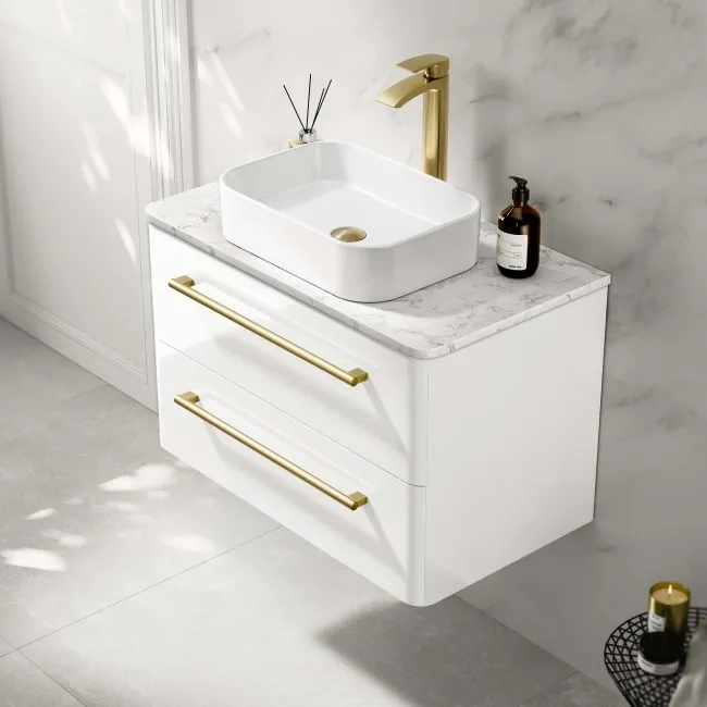 Omaha Gloss White Wall Hung Drawer Vanity with Marble Top & Marin Basin 800mm - Brushed Brass Accents