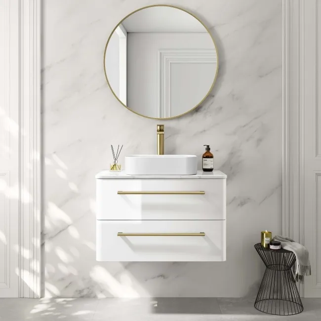 Omaha Gloss White Wall Hung Drawer Vanity with Marble Top & Marin Basin 800mm - Brushed Brass Accents