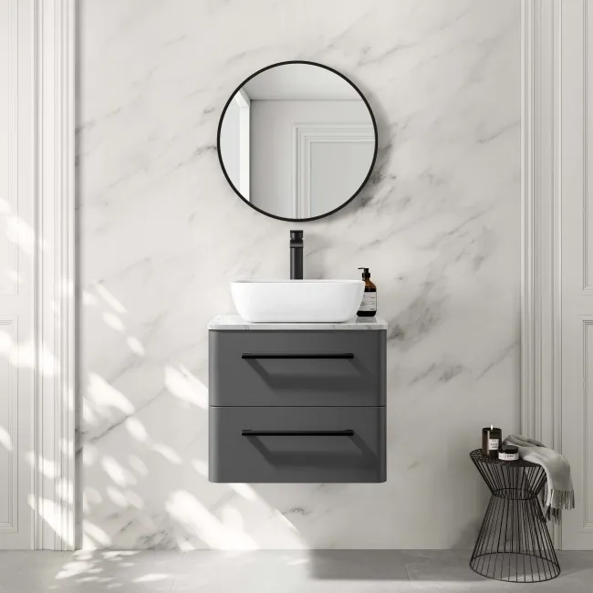 Omaha Slate Grey Wall Hung Drawer Vanity with Marble Top & Curved Counter Top Basin 600mm - Black Accents