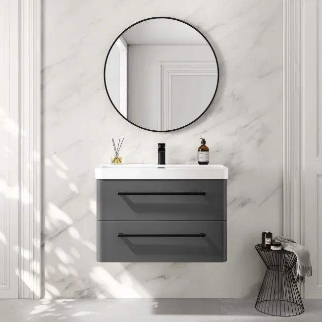Omaha Slate Grey Wall Hung Basin Drawer Vanity 800mm - Black Accents