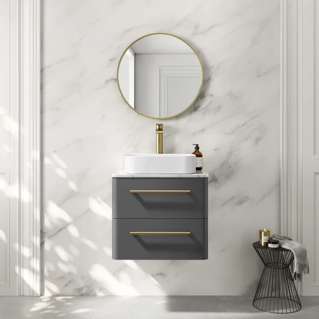 Omaha Slate Grey Wall Hung Drawer Vanity with Marble Top & Marin Basin 600mm - Brushed Brass Accents