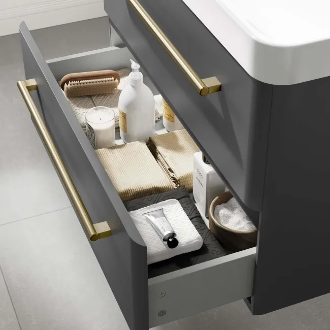 Omaha Slate Grey Wall Hung Basin Drawer Vanity 800mm - Brushed Brass Accents