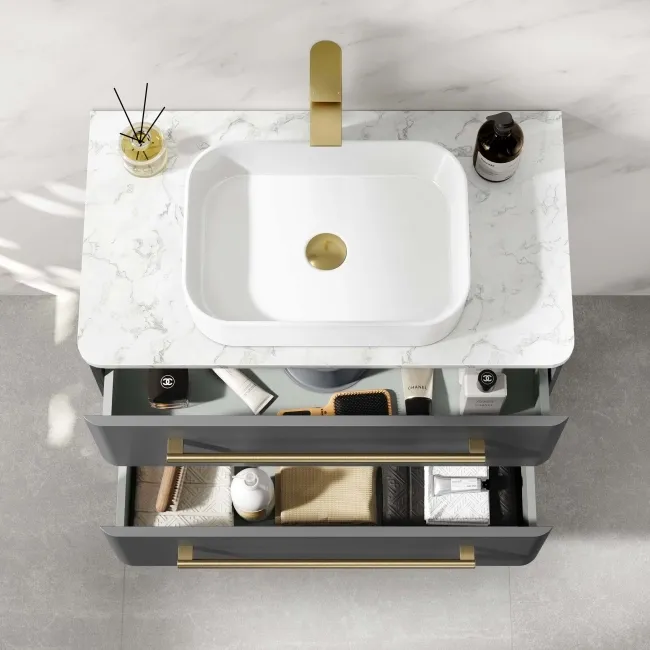 Omaha Slate Grey Wall Hung Drawer Vanity with Marble Top & Marin Basin 800mm - Brushed Brass Accents