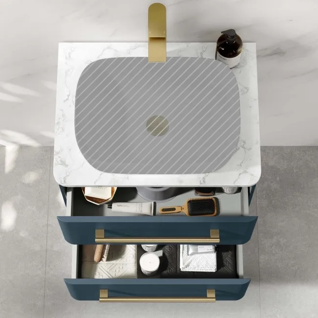 Omaha Navy Blue Wall Hung Drawer Vanity with Marble Top 600mm (Excludes Counter Top Basin) - Brushed Brass Accents