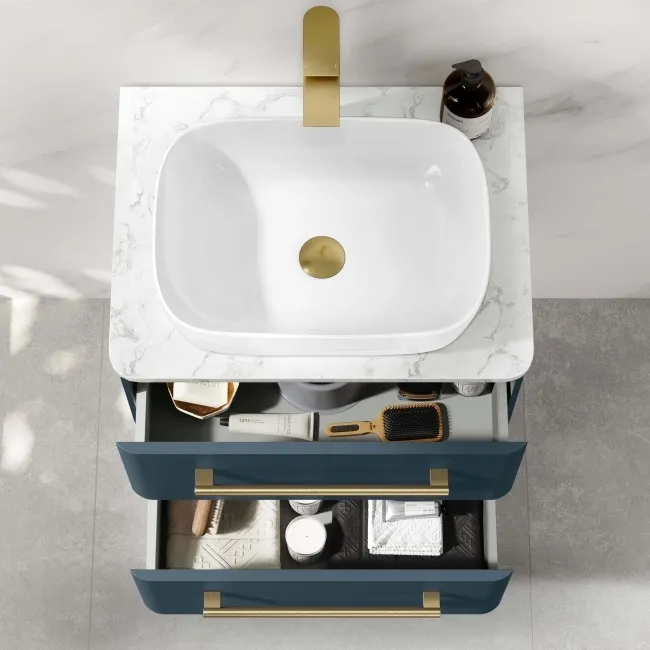 Omaha Navy Blue Wall Hung Drawer Vanity with Marble Top & Curved Counter Top Basin 600mm - Brushed Brass Accents