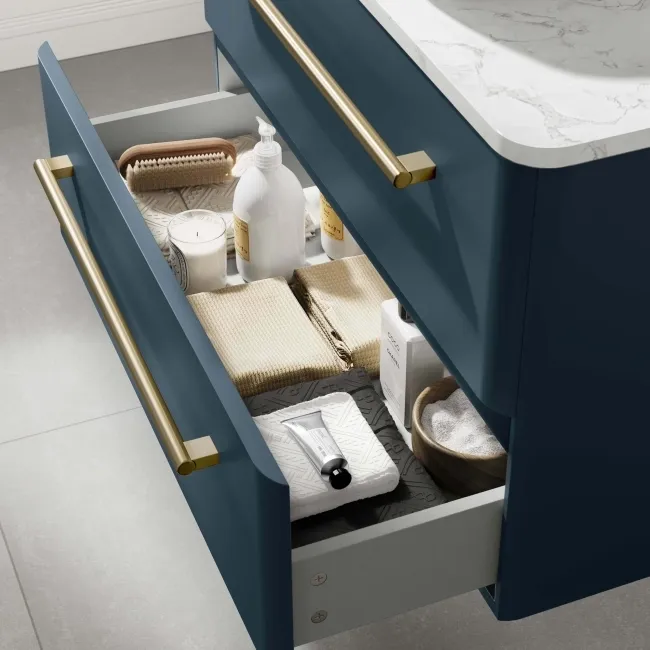 Omaha Navy Blue Wall Hung Drawer Vanity with Marble Top 800mm (Excludes Counter Top Basin) - Brushed Brass Accents