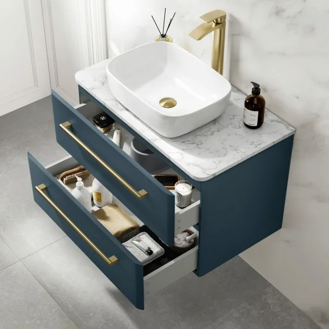Omaha Navy Blue Wall Hung Drawer Vanity with Marble Top & Curved Counter Top Basin 800mm - Brushed Brass Accents