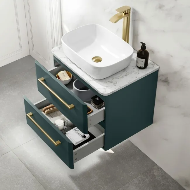 Omaha Mystic Green Wall Hung Drawer Vanity with Marble Top & Curved Counter Top Basin 600mm - Brushed Brass Accents