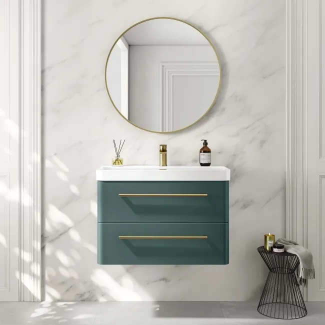 Omaha Mystic Green Wall Hung Basin Drawer Vanity 800mm - Brushed Brass Accents