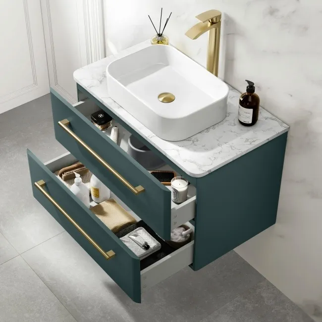 Omaha Mystic Green Wall Hung Drawer Vanity with Marble Top & Marin Basin 800mm - Brushed Brass Accents