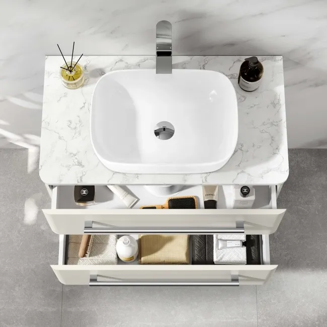 Omaha Linen White Wall Hung Drawer Vanity with Marble Top & Curved Counter Top Basin 800mm