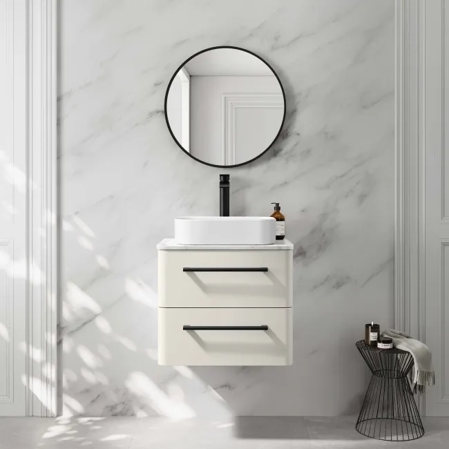 Omaha Linen White Wall Hung Drawer Vanity with Marble Top & Marin Basin 600mm - Black Accents