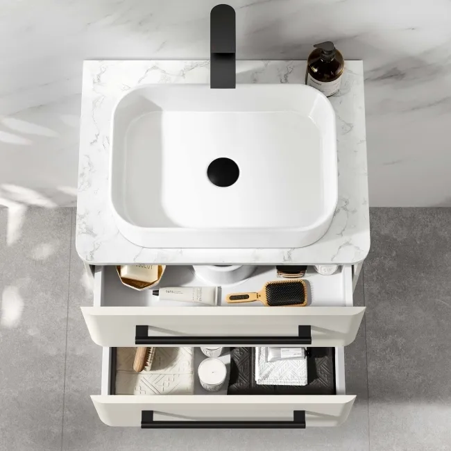 Omaha Linen White Wall Hung Drawer Vanity with Marble Top & Marin Basin 600mm - Black Accents