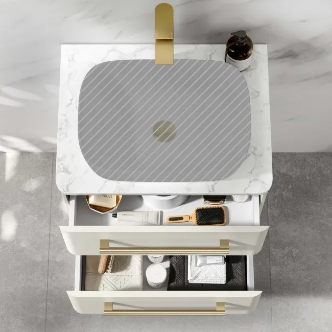 Omaha Linen White Wall Hung Drawer Vanity with Marble Top 600mm (Excludes Counter Top Basin) - Brushed Brass Accents