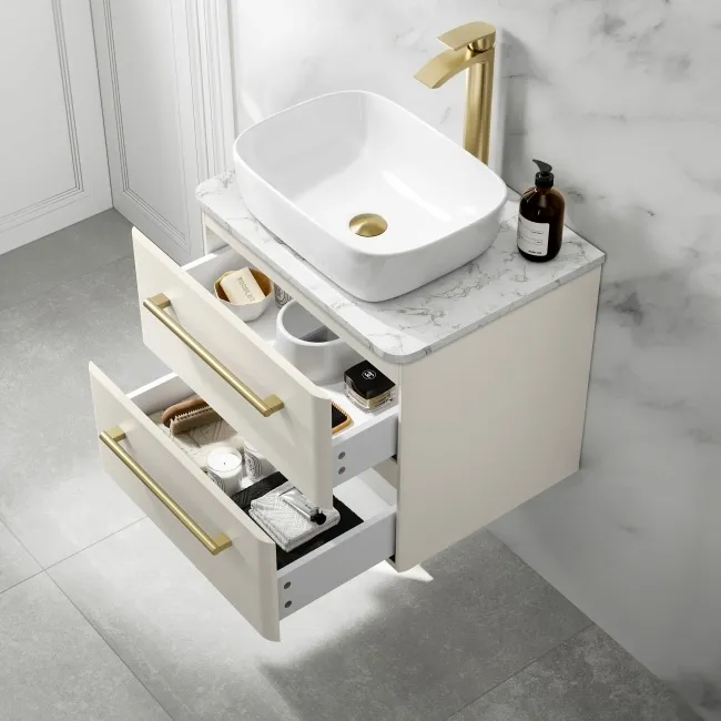 Omaha Linen White Wall Hung Drawer Vanity with Marble Top & Curved Counter Top Basin 600mm - Brushed Brass Accents