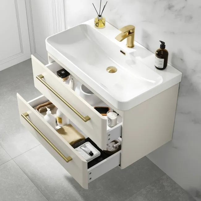Omaha Linen White Wall Hung Basin Drawer Vanity 800mm - Brushed Brass Accents